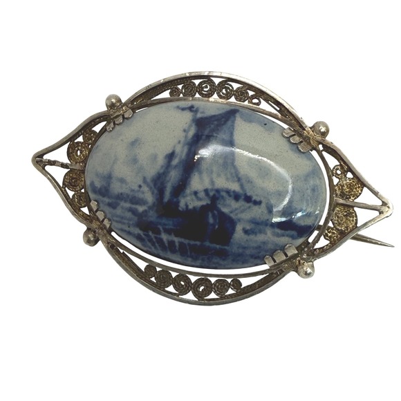 Jewelry - Antique Delft Porcelain Brooch Windmill Filigree Silver Pin Pre-1920